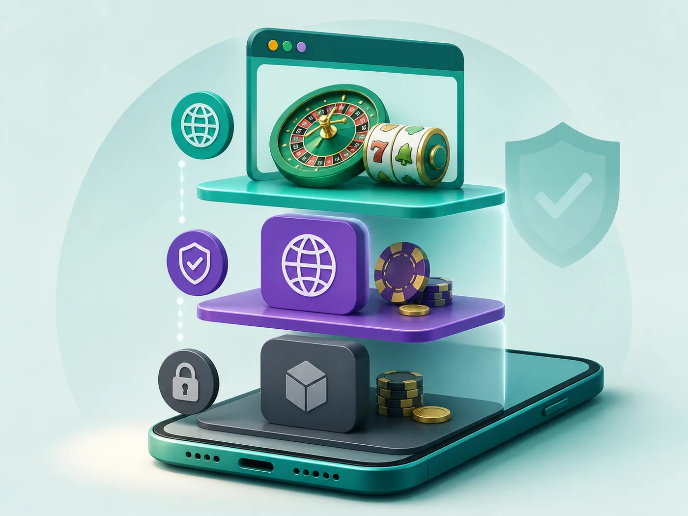 Ilustração de navegador, web app e aplicativo nativo de cassino